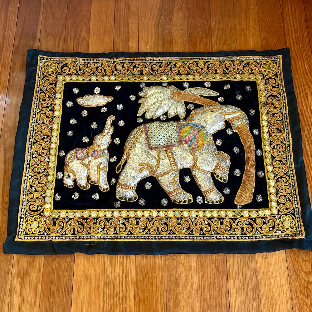 Vintage Embroidered Elephant Textile Wall Hanging Glass Cabochon India